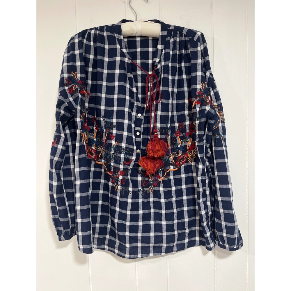 Zara Trafaluc Navy Gingham Embroidered Tassel Boho Blouse XS - Picture 2 of 7